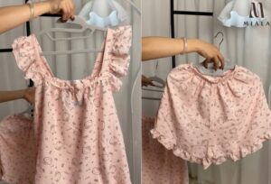 Đồ bộ mặc nhà nữ họa tiết dễ thương chất đũi Hàn